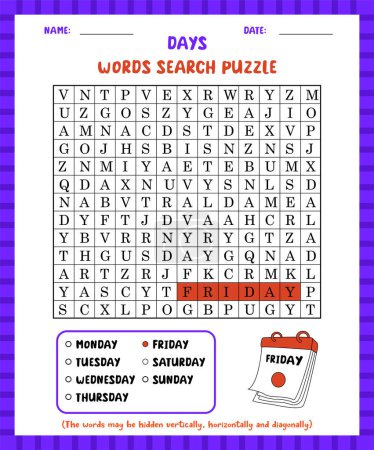 Illustration for Word search game days word search puzzle worksheet for learning english. - Royalty Free Image