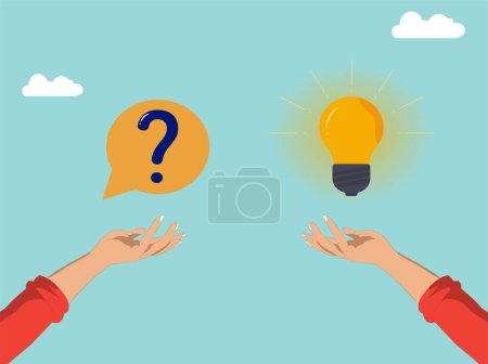 Illustration pour Question and answer, businessman hand holding question mark with other reply with lightbulb. solving problem or business solution. - image libre de droit