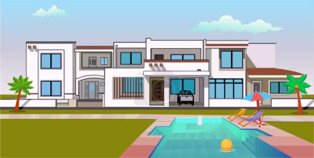 Ilustración de Modern rich house real estate in flat style Vector cartoon background illustration. - Imagen libre de derechos