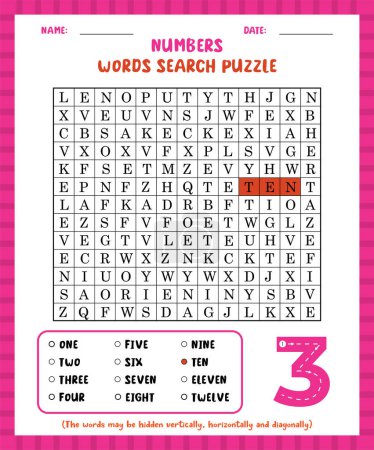 Illustration for Word search game numbers word search puzzle worksheet for learning english. - Royalty Free Image