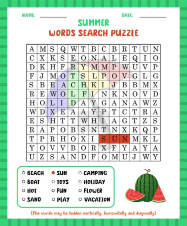 Word search game summer word search puzzle worksheet for learning english.