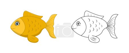Illustration for Happy cartoon fish with line art, fish sketch color less page isolated on white background. - Royalty Free Image