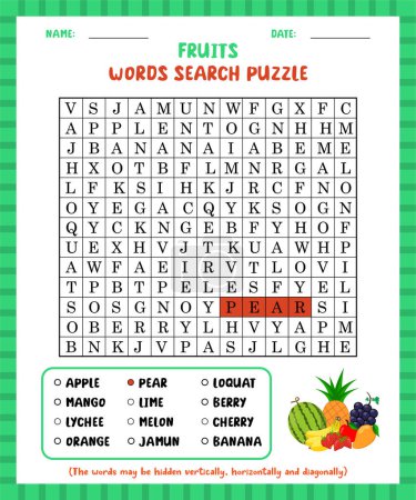 Word search game fruits word search puzzle worksheet for learning english.