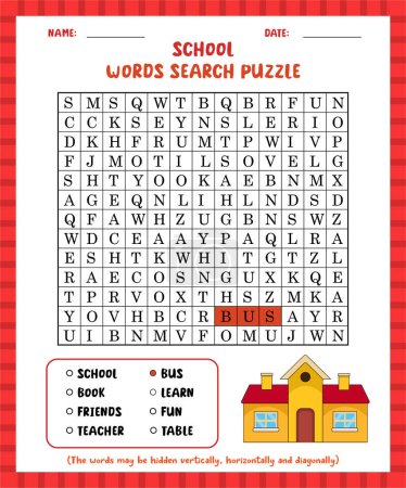 Illustration for Word search game school word search puzzle worksheet for learning english. - Royalty Free Image