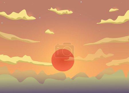 Téléchargez les illustrations : Sunset cartoon sky with clouds, sun, sunlight vector background design. - en licence libre de droit