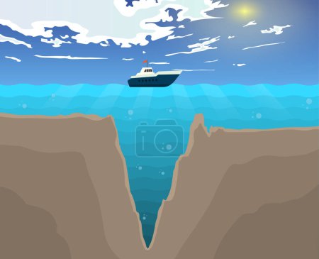 Illustration for Vector cartoon style mariana trench sea illustration with sky, clouds, sun, boat - Royalty Free Image