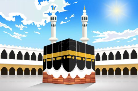 Vector illustration of mecca for hajj, al-haram mosque, kaaba in saudi arabia, on blue sky