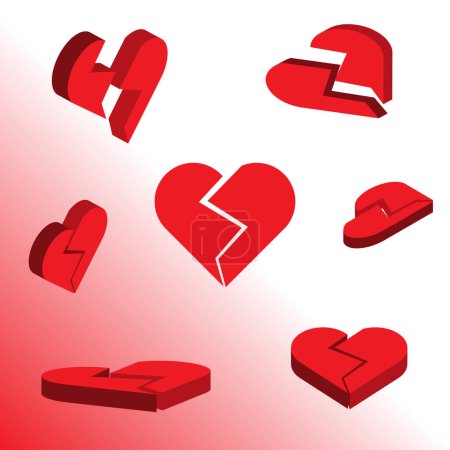 Ilustración de 3d roto corazón rojo con diferentes ángulos, icono de vector para el amor - Imagen libre de derechos