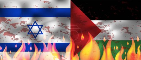 Ilustración de Palestina vs Israel banderas con fuego realista, ilustración vectorial - Imagen libre de derechos