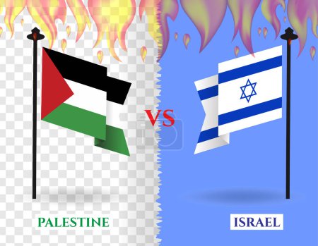 Téléchargez les illustrations : Palestine vs Israël drapeaux guerre avec un feu réaliste, isolé sur un fond, illustration vectorielle - en licence libre de droit
