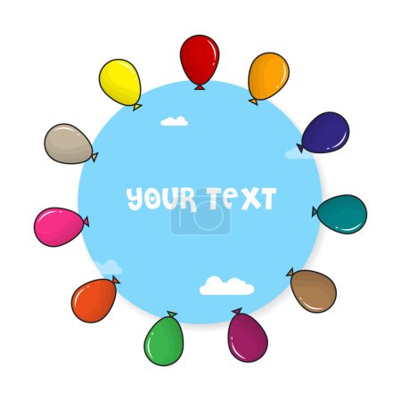 Your text badge with flat colourful balloons in cartoon style, flying balloon with rope isolated on white background