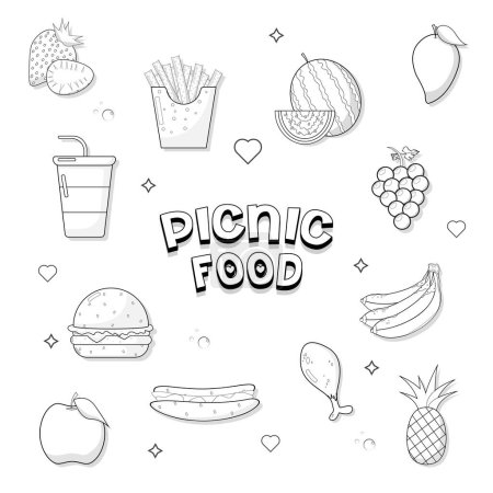 Ilustración de Conjunto de comida de picnic con texto página para colorear contorno negro para niños vector ilustración - Imagen libre de derechos