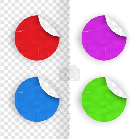 Insignia realista de papel o banner o etiquetas de círculo con etiquetas de color de esquina pelar maquetas, pegatinas redondas de papel y sombra aisladas en fondo blanco
