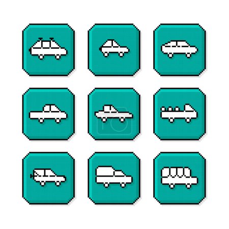 Illustration for Pixel art, 90s mood, 8bit retro style cars automobile, set of pixilated car video game icons or symbols on pixelated style vector illustration - Royalty Free Image