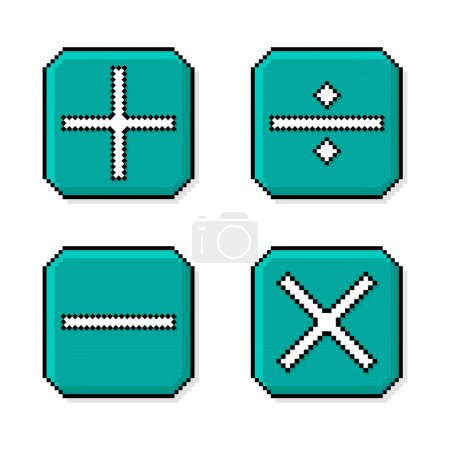 Pixel art, 90s mood, 8bit retro style plus, minus, multiply, divide, set of math page icons or symbols on pixelated style vector illustration