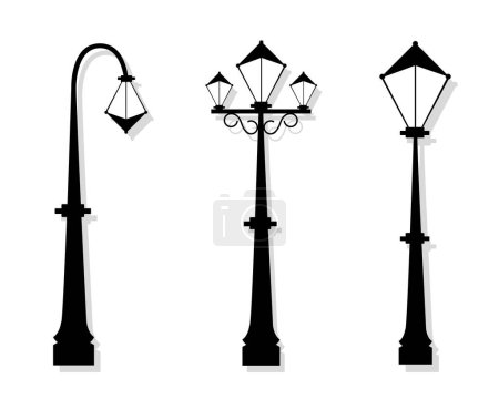Ilustración de Conjunto de iluminación exterior calle lámpara jardín, urbano viejo calle negro postes, delantero calle lámpara spot en silueta estilo ilustración - Imagen libre de derechos