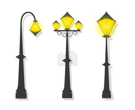 Set of lighting outdoor street lamp garden, urban old street poles, front street lamp spot in flat style illustration