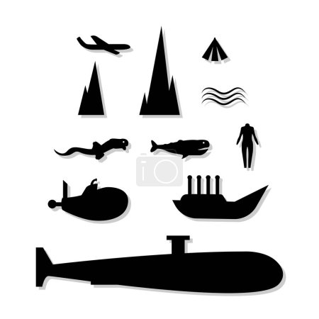 Mariana trench sea life objects primitive organisms in dark deep water silhouette icons