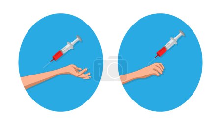 Análisis de sangre, jeringa tomar sangre en la mano o brazo vector ilustración