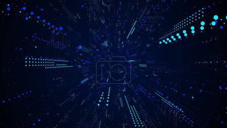 Illustration for Vector cyber futuristic speed tunnel. Sci-fi blue wormhole. Matrix technology decoder. Abstract 3D wireframe portal with connections lines and dots. Data flow. Technology funnel with dots. - Royalty Free Image