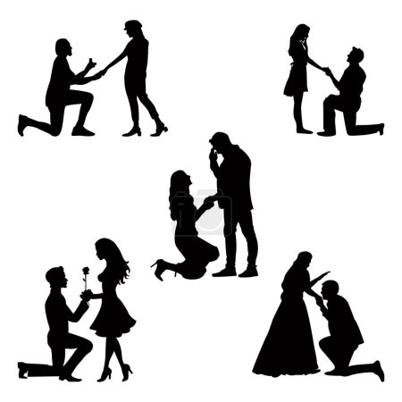 Illustration for Proposal silhouette vector illustration set. Silhouettes of a man proposing to a woman or man while standing on one knee. - Royalty Free Image