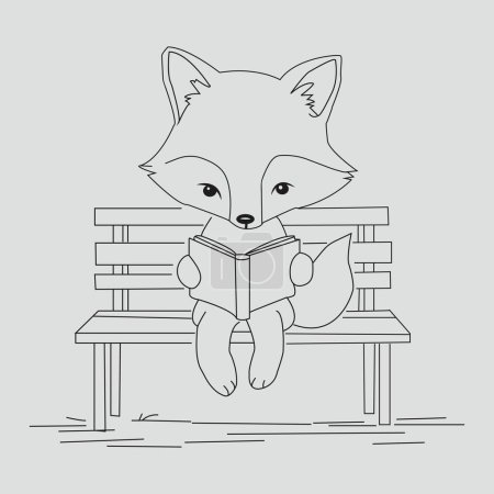 Fox Reading Book on Bench Cute Line Drawing