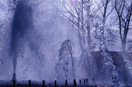 Téléchargez les photos : In the photograph you can see the water from a fountain sprayed upwards in a backlight. - en image libre de droit