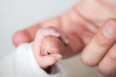 Foto de Primer plano de una mano recién nacida y el dedo de su padre en el hospital el día de su nacimiento. Concepto de paternidad - Imagen libre de derechos