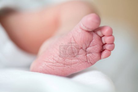 Foto de Primer plano del pie de una niña recién nacida en el hospital el día de su nacimiento - Imagen libre de derechos