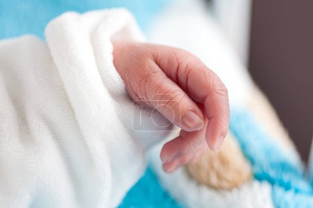 Foto de Primer plano de la mano de una niña recién nacida en el hospital el día de su nacimiento - Imagen libre de derechos