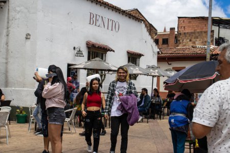 Photo for Bogota, Colombia - July 2nd 2023. Tourists at the famous Chorro de Quevedo, the location where Gonzalo Jimenez de Quesada first established the foundations of Bogota in 1539. - Royalty Free Image