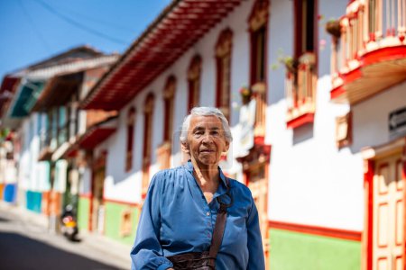 Senior woman tourist at the beautiful heritage town of Salamina in the department of Caldas in Colombia