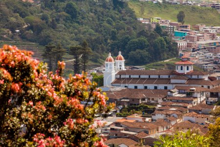 View from the Monserrate hill of the urban area of the beautiful heritage town of Aguadas located in the Caldas department in Colombia.
