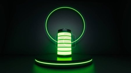 Photo for Green battery glowing with plus and minus signs fully charged on black podium with green accent lights 3d illustration - Royalty Free Image