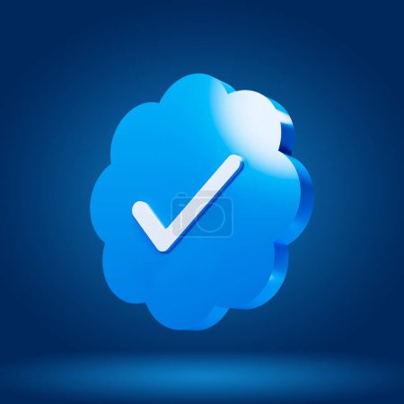 Verification badge icon on blue isolated background. Blue Check. 3D Illustration