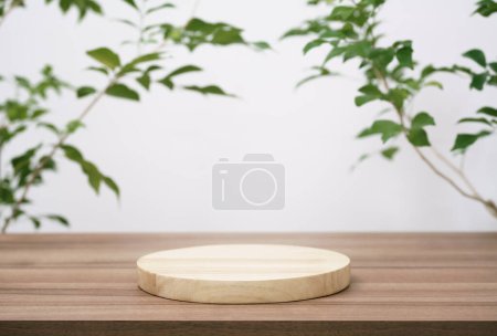 Photo for Wood podium tabletop floor with tree branch green leaf on white background.Beauty cosmetic and healthy natural product placement pedestal platform showcase stand display,spring or summer concept. - Royalty Free Image
