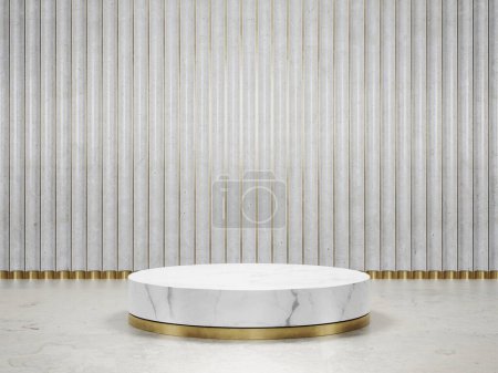 Round white marble podium with a metallic gold base on travertine floor and marble feature wall background in luxury studio scene. Modern showroom interior 3d rendering image for product display.