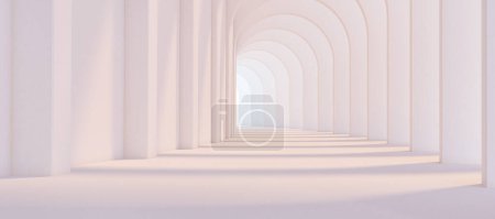 Archway white architecture. Arches Corridor inside building. 3d rendering