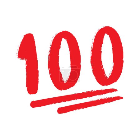 Emoji-Abzeichen Nummer 100 isolierter weißer Hintergrund. Doodle-Stil Hundert-Prozent-Zeichen, handgezeichnete 100-Punkte-Aufkleber, Vector Illustration.