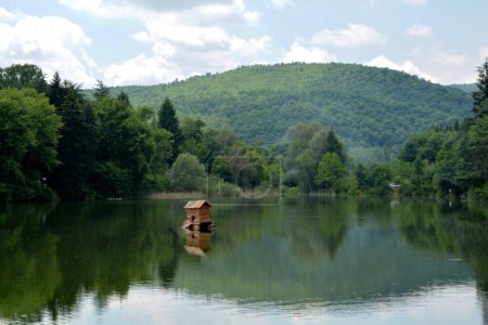 Téléchargez les photos : Vue panoramique du lac avec la maison d'oiseaux flottants dans le village de bains Stara Zagora en été. Image horizontale avec espace de copie - en image libre de droit