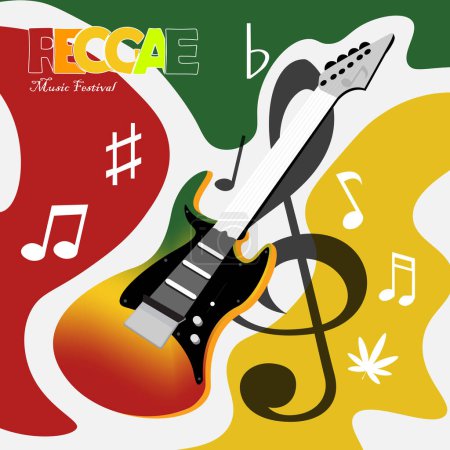 Ilustración de Jamaican gradient electric guitar with marijuana outline, reggae background and one love reggae writing - Imagen libre de derechos