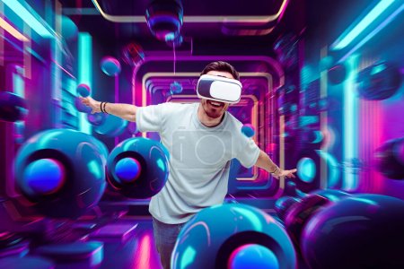 A man wearing a VR glasses is immersed in a futuristic digital environment, surrounded by virtual cosmic balls, creating an otherworldly experience