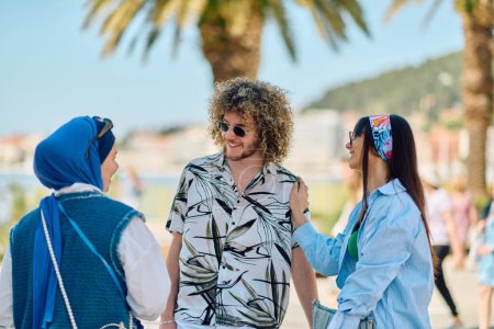 A group of tourists engage in lively discussion as they plan their itinerary for exploring the scenic Mediterranean coastline, brimming with excitement and anticipation