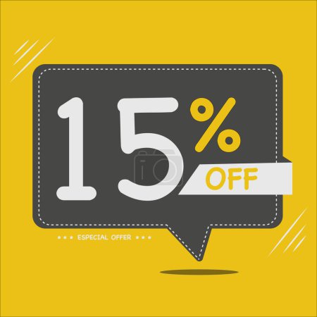 Illustration for 15% off. yellow banner with fifteen percent discount on a black balloon sales. - Royalty Free Image
