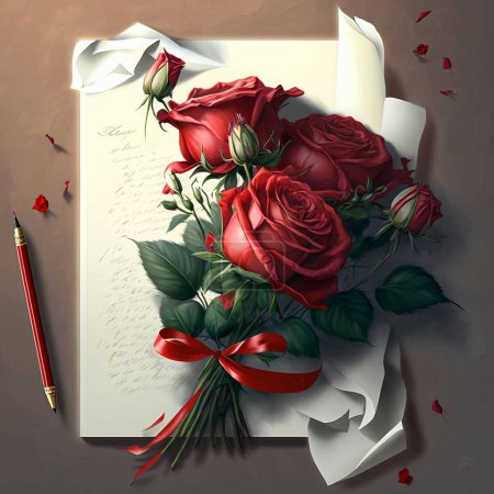 Photo for A bouquet of red roses with a love note attached. Bouquet of roses. - Royalty Free Image
