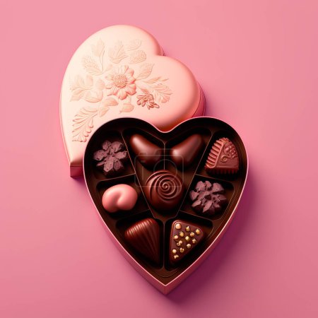 Photo for A heart-shaped box of chocolates. Chocolates are arranged neatly inside the box. - Royalty Free Image
