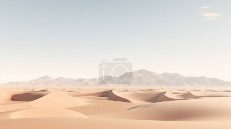 An awe-inspiring desert landscape featuring rolling sand dunes, majestic mountains, and a vast expanse of golden sand under a serene sky