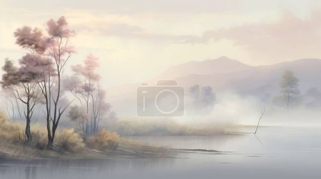 Mglisty zimowy krajobraz z mglistymi refleksjami nad jeziorem i drzewami