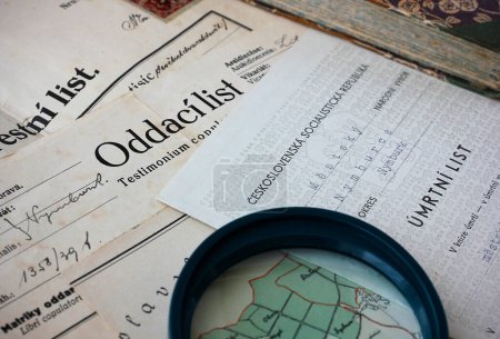 Photo for Old personal documents - birth, marriage and death certificate - and a map in Czech language used for genealogical research. Researching family tree concept. Genealogical research concept. - Royalty Free Image