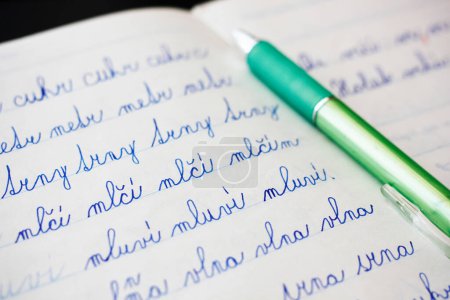 Gros plan des mots tchèques écrits par un enfant en cursif dans un carnet doublé, un stylo vert en arrière-plan. Concept pour les devoirs scolaires, l'éducation et les documents manuscrits. Concept de retour à l'école.